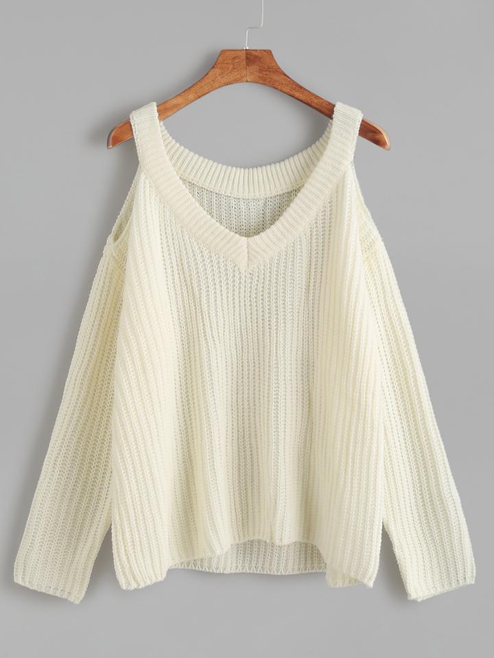 Romwe Beige V Neck Open Shoulder Sweater