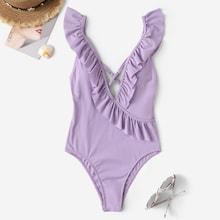 Romwe Crisscross Back Ruffle Trim One Piece Swimsuit