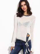 Romwe White Striped Tie Front Sweater