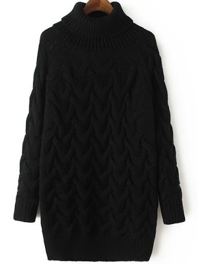 Romwe Turtleneck Cable Knit Black Sweater Dress