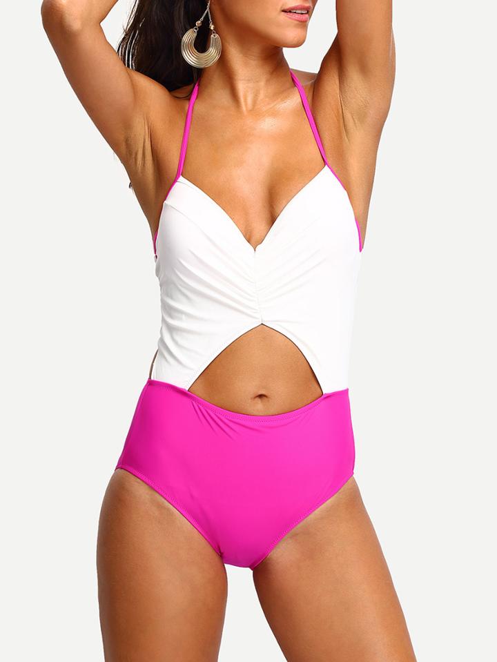 Romwe Contrast Halter Cutout One-piece Swimwear