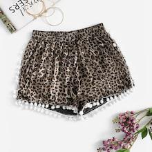 Romwe Leopard Pom-pom Hem Swim Short