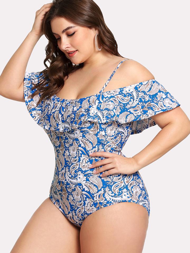 Romwe Paisley Print Flounce Swimsuit