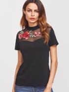 Romwe Black Embroidered Rose Applique Mesh Neck T-shirt