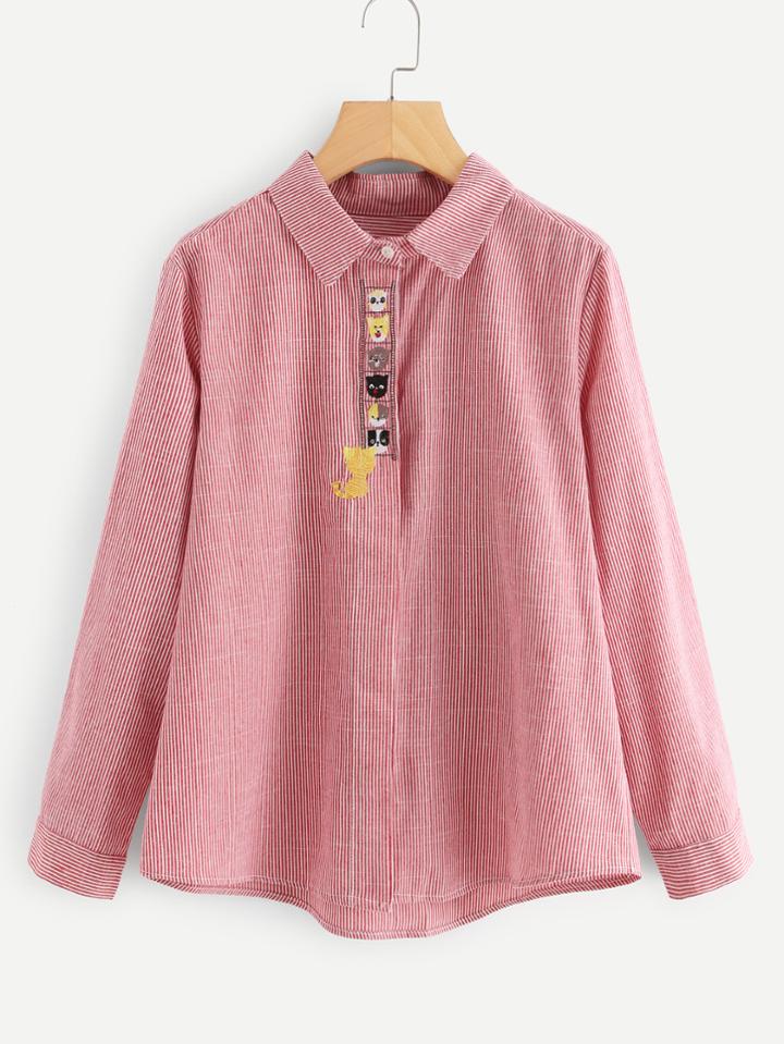 Romwe Cat Embroidered Tape Striped Blouse