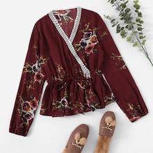 Romwe Floral Print Drawstring Waist Blouse