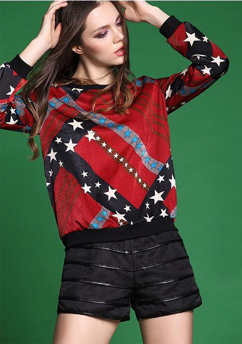 Romwe Long Sleeve Stars Print Red T-shirt