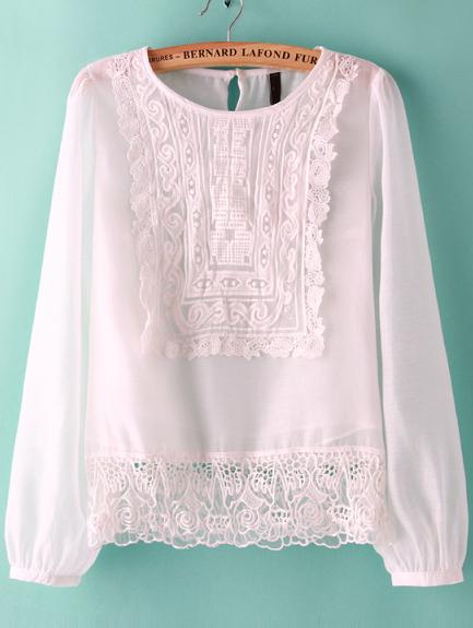 Romwe White Long Sleeve Embroidered Chiffon Blouse