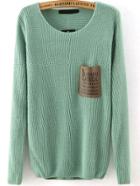 Romwe Letter Print Pocket Green Sweater