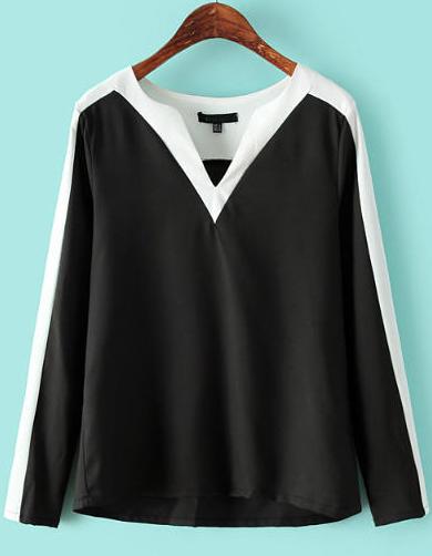 Romwe Black White V Neck Long Sleeve Blouse