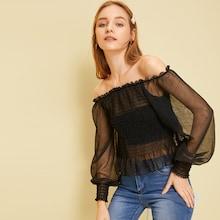 Romwe Mesh Off The Shoulder Shirred Sheer Blouse