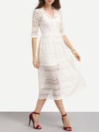 Romwe White V Neck Hollow Out Lace Dress With Cami