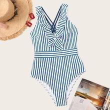 Romwe Striped Criss-cross Ruffle One Piece Swimsuit