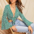 Romwe Bell Sleeve Dot Print Knot Front Crop Top