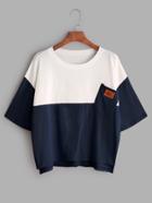 Romwe Color Block Dip Hem T-shirt With Chest Pocket