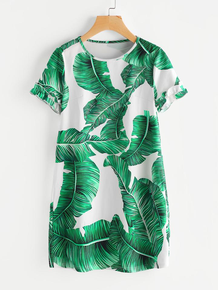 Romwe Palm Leaf Print Frilled Sleeve Dress
