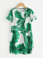Romwe Palm Leaf Print Frilled Sleeve Dress