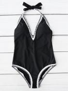 Romwe Contrast Trim V Neck Tie Back One-piece Swimwear