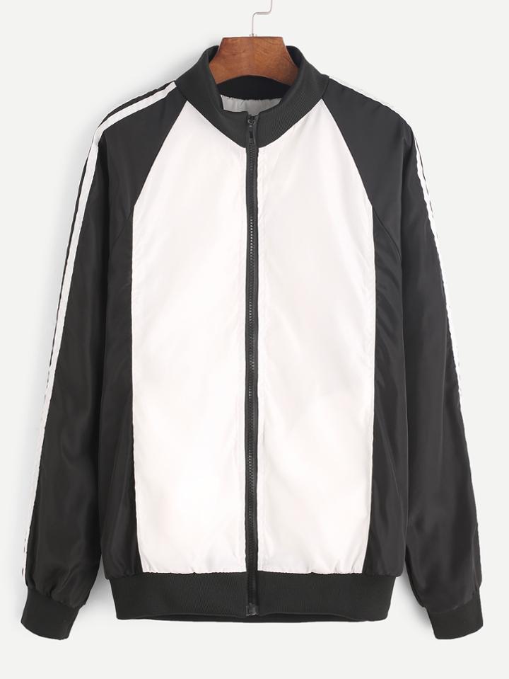 Romwe Color Block Letter Print Zipper Front Jacket