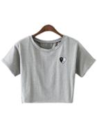 Romwe Grey Round Neck Short Sleeve Embroidery Crop T-shirt