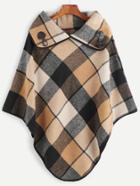 Romwe Plaid Horn Button Embellished Collar Poncho Coat