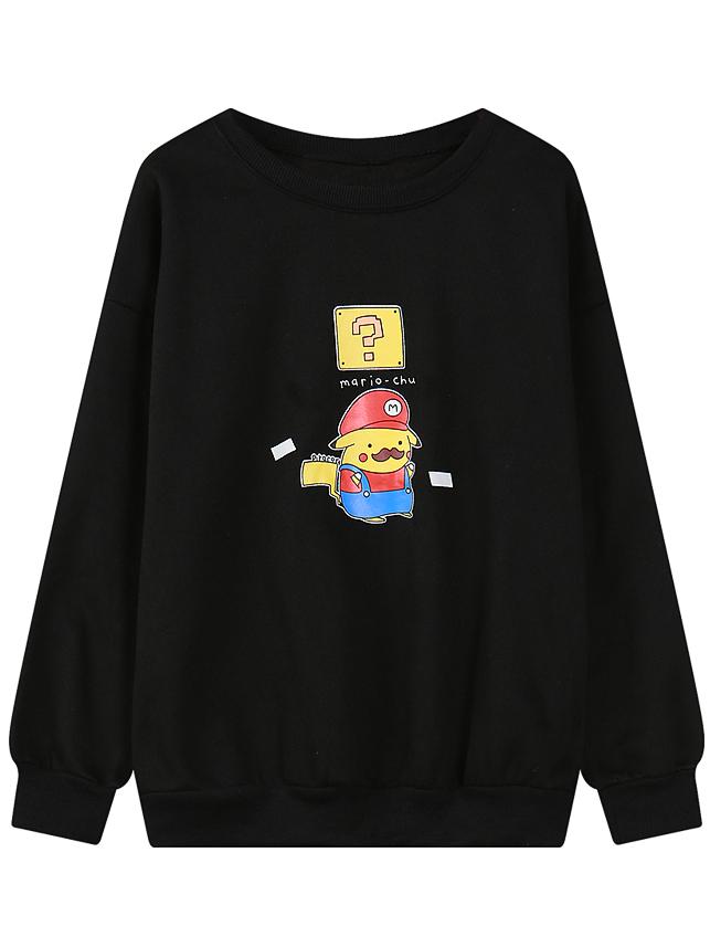 Romwe Black Round Neck Cartoon Print Loose Sweatshirt