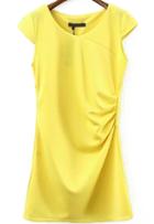 Romwe Cap Sleeve Folds Yellow Dress