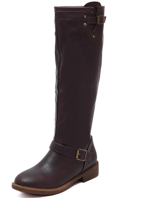 Romwe Coffee Buckle Strap Tall Pu Boots