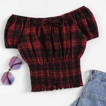 Romwe Plaid Print Elastic Waist Off The Shoulder Blouse