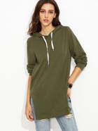 Romwe Olive Green Side Slit Hooded Sweatshirt With Pocket