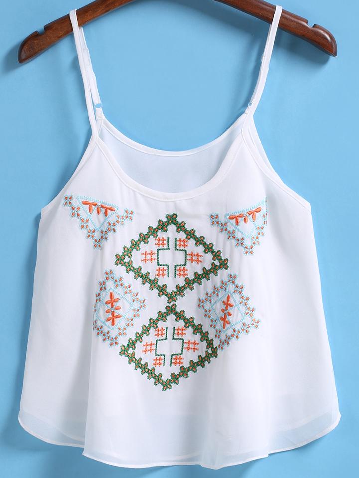Romwe Spaghetti Strap Embroidered White Vest