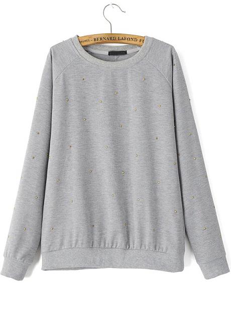 Romwe Grey Round Neck Bead Loose Sweatshirt