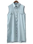 Romwe Light Blue Sleeveless Fake Pockets Buttons Front Denim Dress