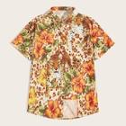 Romwe Guys Leopard & Floral Print Curved Hem Shirt