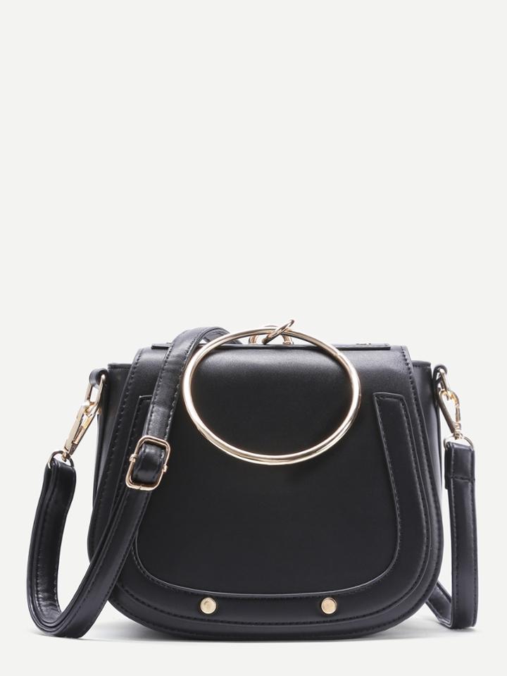 Romwe Black Faux Leather Metal Ring Flap Shoulder Bag