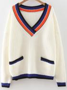 Romwe White Color Block V Neck Drop Shoulder Sweater