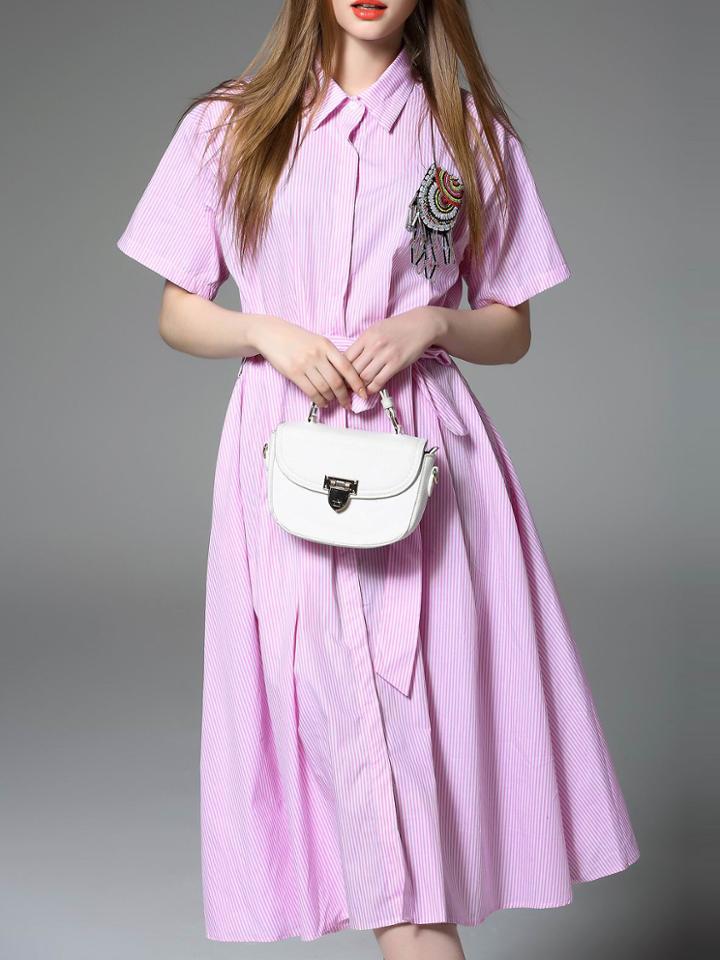 Romwe Pink Lapel Beading Tie-waist Striped Dress