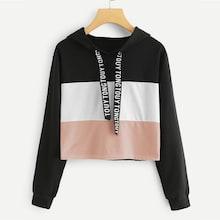 Romwe Letter Print Tape Color-block Drawstring Hoodie