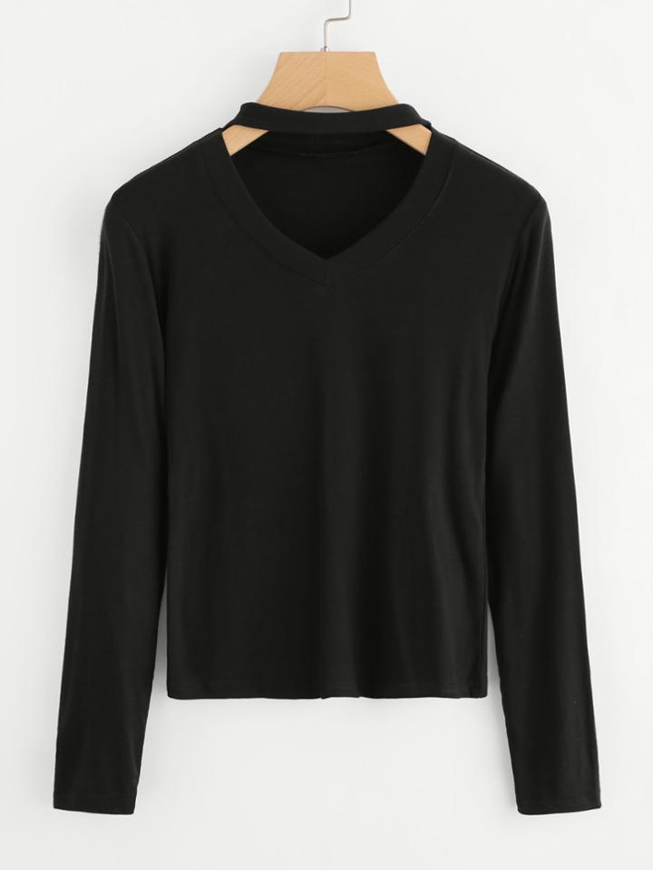 Romwe Cut Out Choker Neck T-shirt