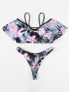 Romwe High Leg Tropical Print Bikini Set