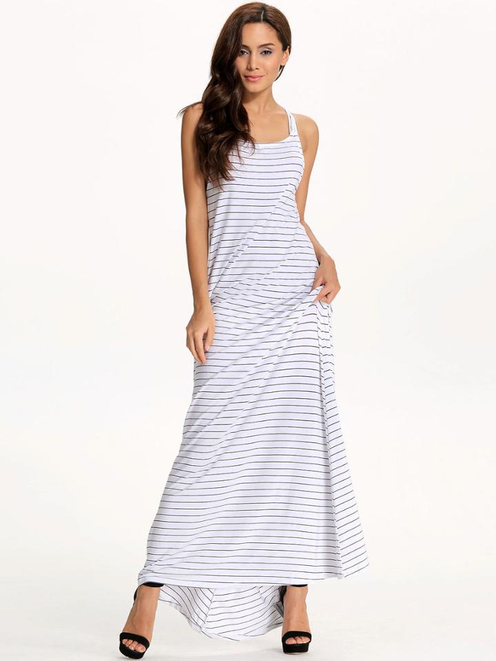 Romwe White Cross Back Striped Maxi Dress