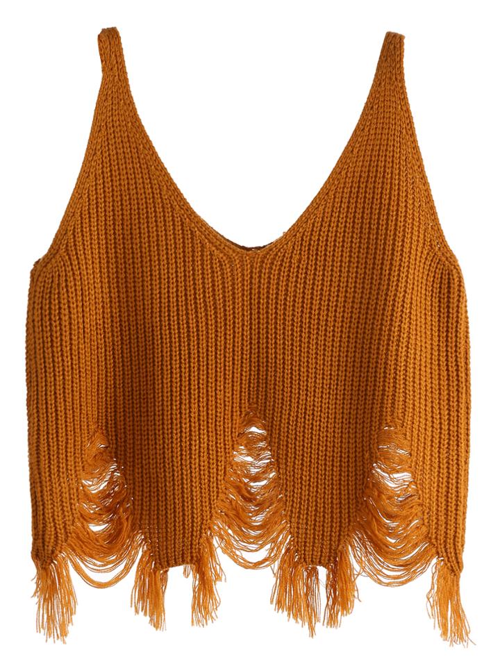 Romwe Khaki Double V Neck Raw Hem Knit Top