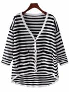 Romwe Black Pockets Buttons Stripe Cardigan Sweater