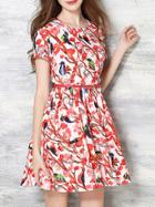 Romwe Multicolor Belted Floral A-line Dress