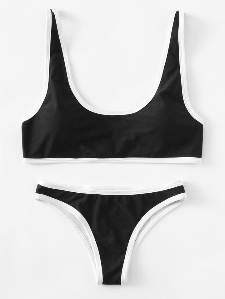 Romwe Contrast Piping Scoop Neck Bikini Set