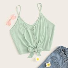 Romwe Plus Button Front Knot Hem Cami Top