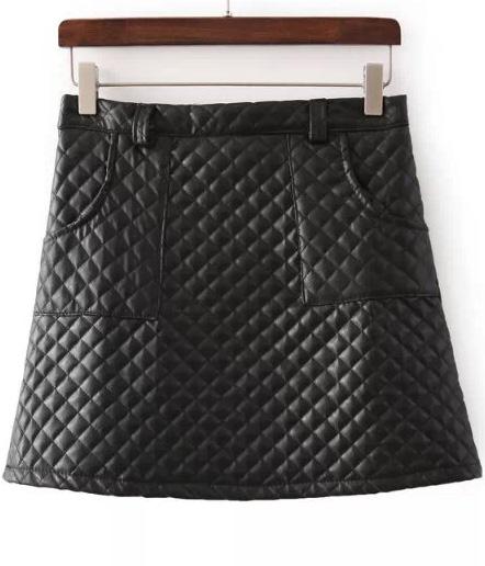Romwe Diamond Patterned Pockets Pu Black Skirt