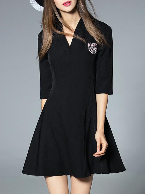 Romwe Black V Neck Beading A-line Dress