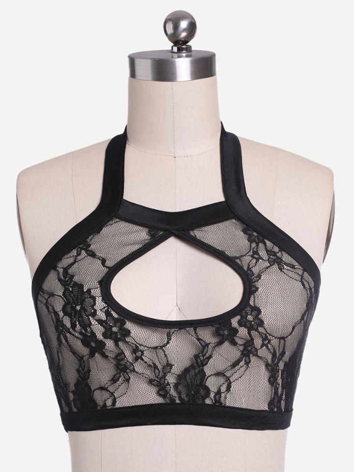 Romwe Halter Neck Keyhole Front Crop Sheer Lace Top