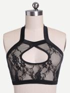 Romwe Halter Neck Keyhole Front Crop Sheer Lace Top